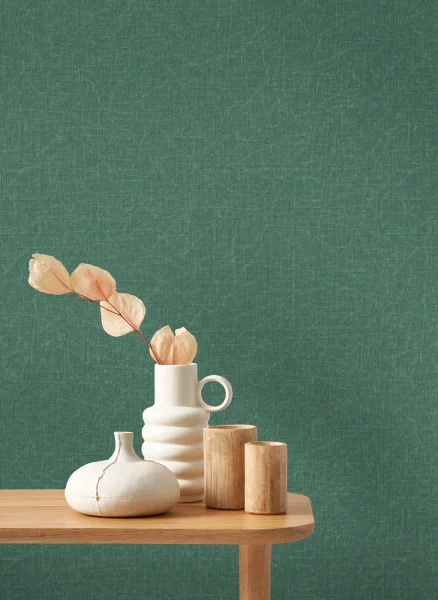 Java Wallpaper - Vert Canopee by blue plain wallpaper and wall with side table and vases