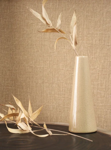 Java Wallpaper - Beige Cognac by brown plain wallpaper and wall with side table and vases