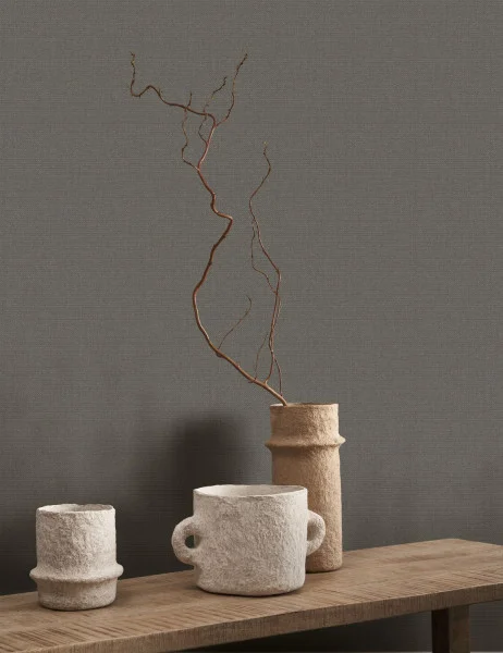 Helsinki Resolution Wallpaper - Noir by black-grey plain wallpaper and wall with side table and vases