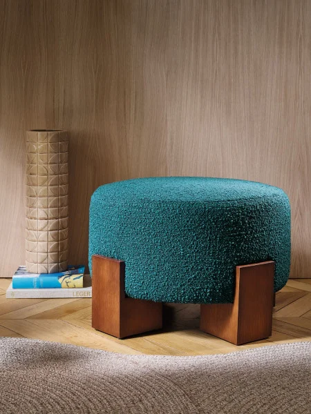 Alpine Fabric - Rouge by white plain pouf with rug