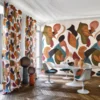green contemporary curtain with dining table and chair