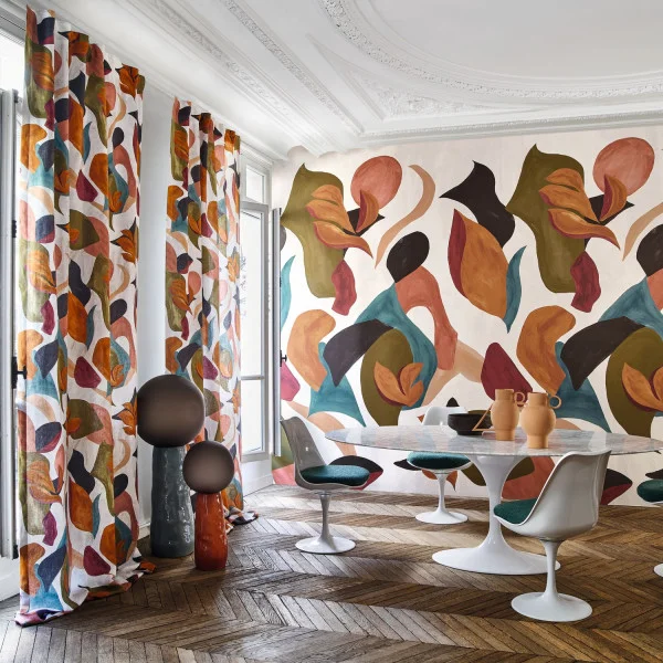 Air De Fete Fabric - Kaki / Orange Brulee by green contemporary curtain with dining table and chair