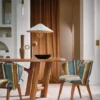 black-grey plain dining table with armchair and lamps