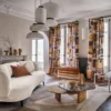 blue geometric curtain with sofa and coffee table