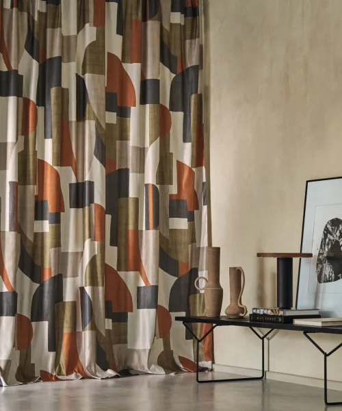 Trompe L Oeil Fabric - Marine / Fauve by green geometric curtain with side table and vases