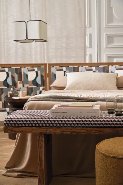 Solo Fabric - Ivoire by neutral plain bed with side table and pouf