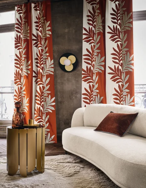 Sophora Fabric - Beige / Orange by red botanical curtain with sofa and cushion