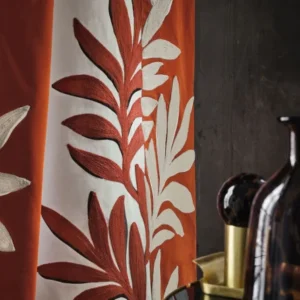 red botanical curtain with vases