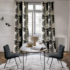black-grey plain curtain with armchair and dining table