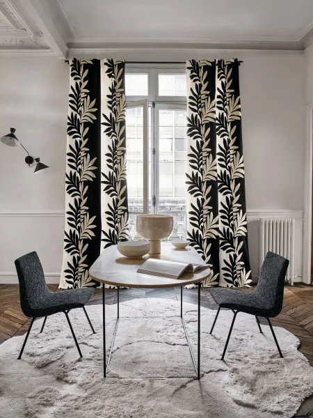 Milonga Fabric - Beige by black-grey plain curtain with armchair and dining table