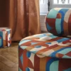 yellow geometric pouf with curtain