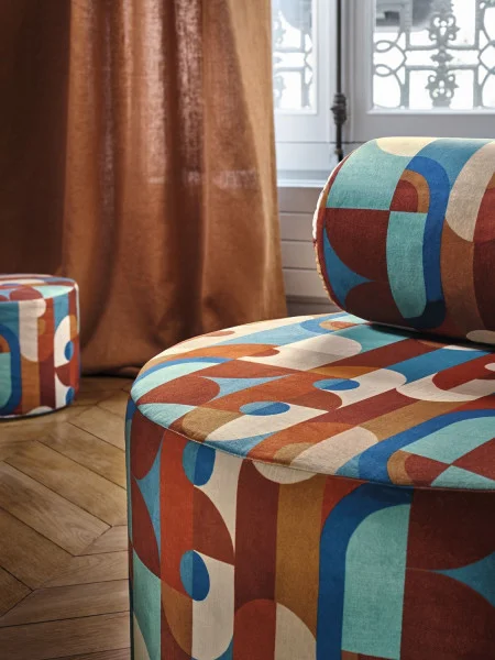 Reciproque Fabric - Multico by yellow geometric pouf with curtain