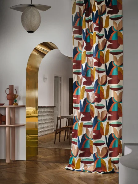 Flirt Fabric - Multico Beige by multicolour contemporary curtain with lamps and vases