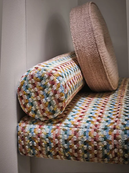 Beguin Fabric - Multico Topaze by multicolour striped bed with cushion