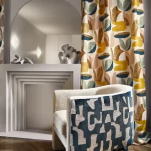 multicolour contemporary curtain with armchair and vases