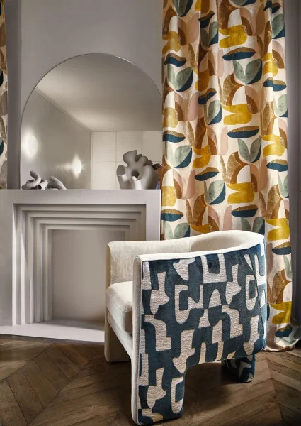 Lovesong Fabric - Moutarde Olive by multicolour contemporary curtain with armchair and vases