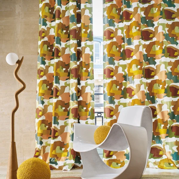 Parade Fabric - Amande Ocre by orange contemporary curtain with armchair and lamps