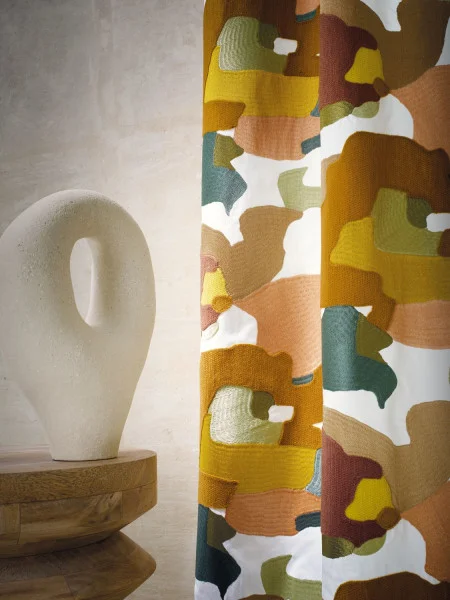 Parade Fabric - Amande Ocre by orange contemporary curtain with side table and vases