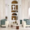 white misc curtain with armchair and coffee table
