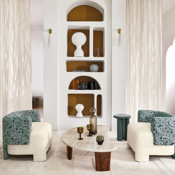 Chaloupe Fabric - Ecru by white misc curtain with armchair and coffee table