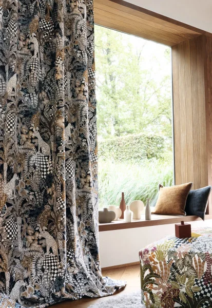 Neofelis Fabric - Noir / Fauve by green botanical curtain with cushion and vases