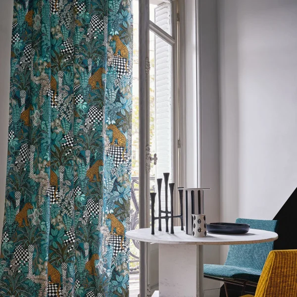 Neofelis Fabric - Vert Pétrole / Céladon by blue botanical curtain with chair and vases