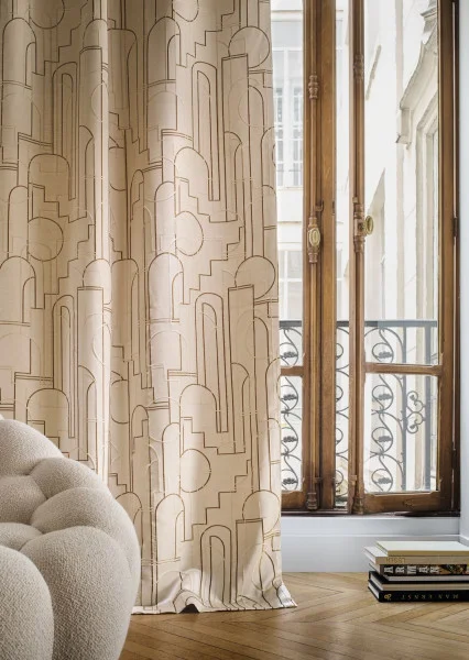Bachaumont Fabric - Perle by neutral geometric curtain with armchair and window