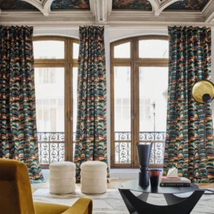 brown contemporary curtain with pouf and coffee table