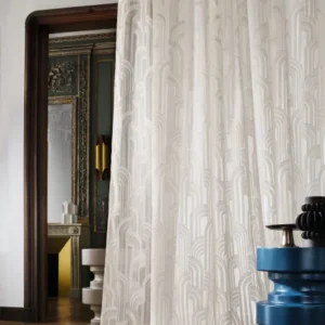 white geometric curtain with vases
