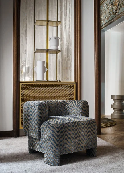Chanut Fabric - Pierre Bleue by yellow geometric armchair with vases