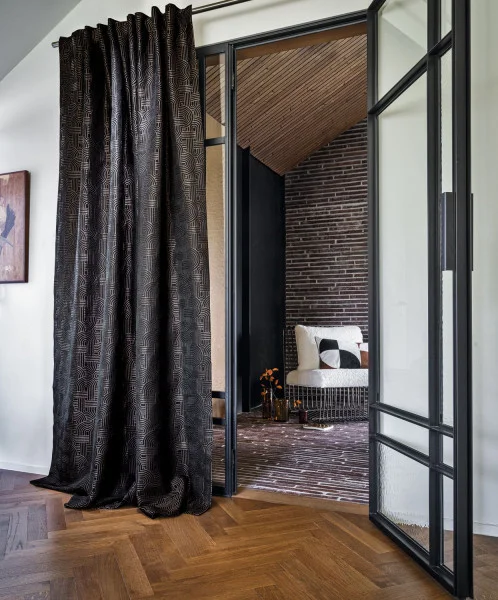 Mollino Fabric - Bleu Riviere by black-grey geometric curtain with armchair and vases