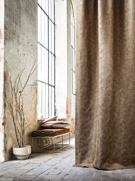 Bramante Fabric - Petrole by black-grey geometric curtain with vases and window