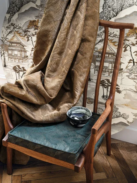 Betta Fabric - Champagne by neutral misc chair with curtain and vases