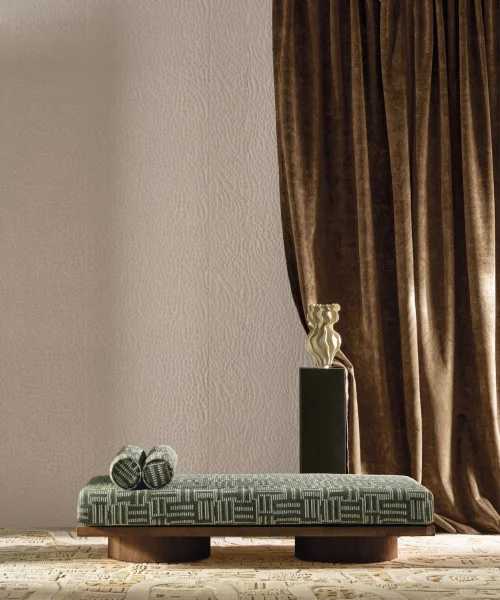 Manade Fabric - Champagne by white plain curtain with pouf and vases