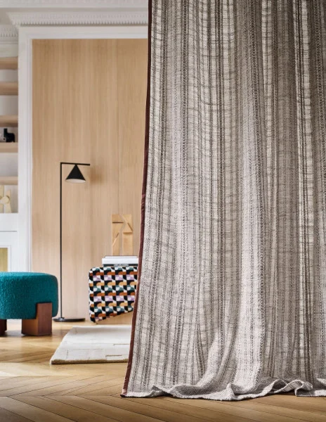 Dessau Fabric - Ivoire by neutral striped curtain with pouf and lamps