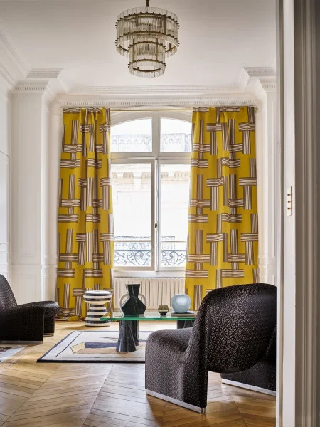 Bau Fabric - Perle by yellow geometric curtain with coffee table and armchair