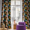 black-grey geometric curtain with pouf and coffee table