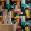 black-grey geometric curtain with side table