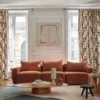 black-grey geometric curtain with dining table and sofa