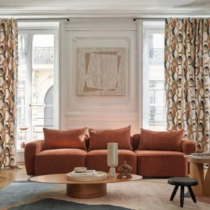 black-grey geometric curtain with dining table and sofa
