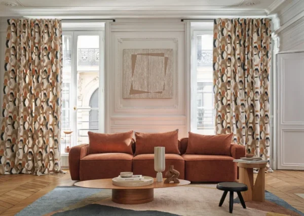 Decoupage Fabric - Bordeaux Bleu by black-grey geometric curtain with dining table and sofa