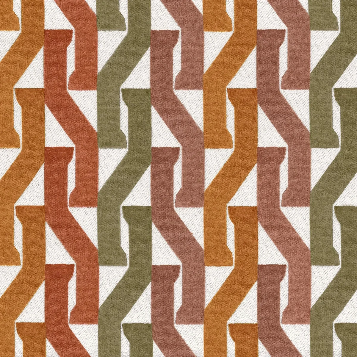Monogramme Fabric - Orange Brulee / Olive by multicolour geometric velvet-chenille fabric from Casamance