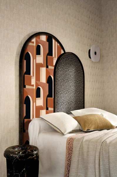 Abysse Fabric - Amande by green geometric bed with cushion and pouf