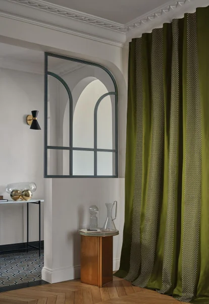 Jourdain Fabric - Ivoire / Sable by neutral striped curtain with coffee table and vases