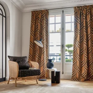 orange geometric curtain with armchair and coffee table