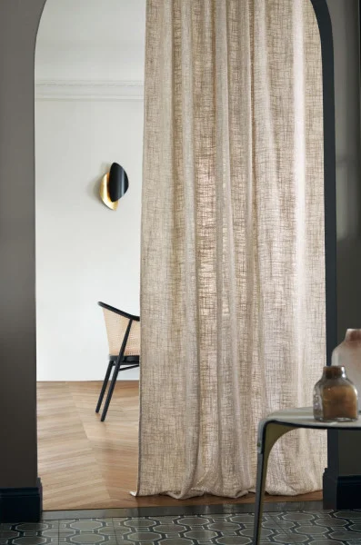 Vivienne Fabric - Opaline by white plain curtain with