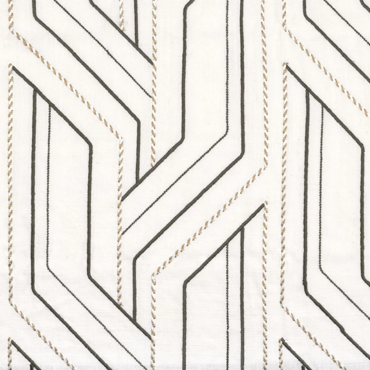 Inka Fabric - Blanc / Kaki by black-grey geometric embroideried fabric from Casamance