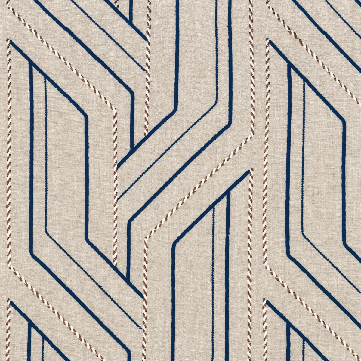 Inka Fabric - Flax / Marine by blue geometric embroideried fabric from Casamance