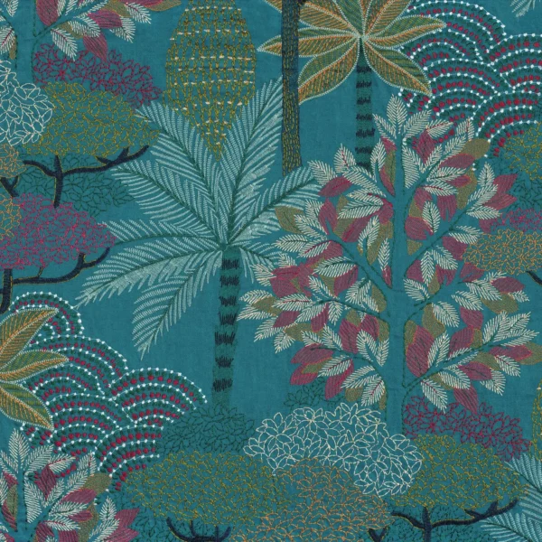 Voyage Imaginaire Fabric - Topaze / Céladon by blue botanical embroideried fabric from Casamance