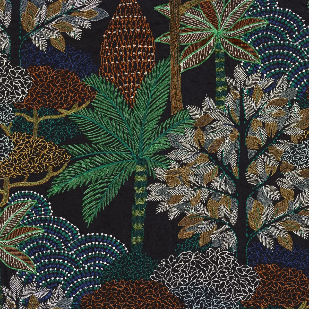 Voyage Imaginaire Fabric - Noir / Émeraude by black-grey botanical embroideried fabric from Casamance